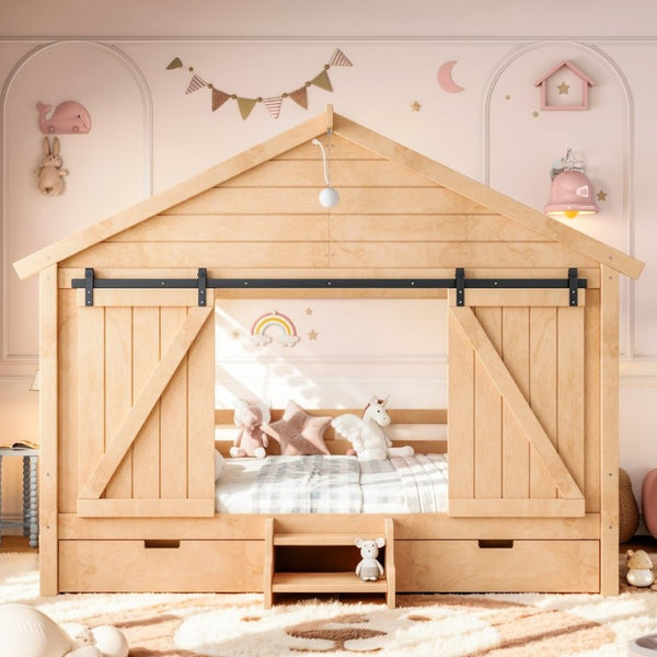 English Elm Full Size Kids Pine Wood House Bed with Barn Door Storage Drawers and Staircase Light Natural W5316S00088