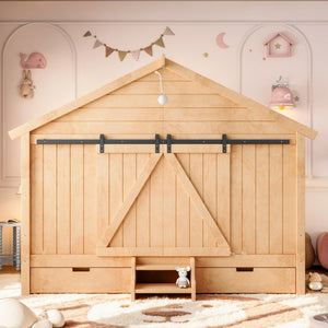 English Elm Full Size Kids Pine Wood House Bed with Barn Door Storage Drawers and Staircase Light Natural W5316S00088