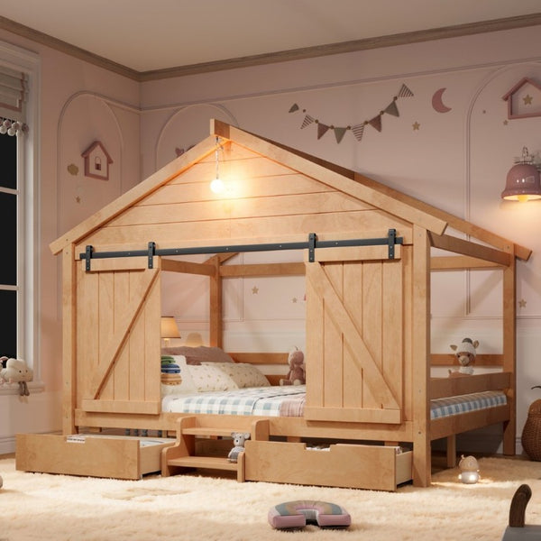English Elm Full Size Kids Pine Wood House Bed with Barn Door Storage Drawers and Staircase Light Natural W5316S00088