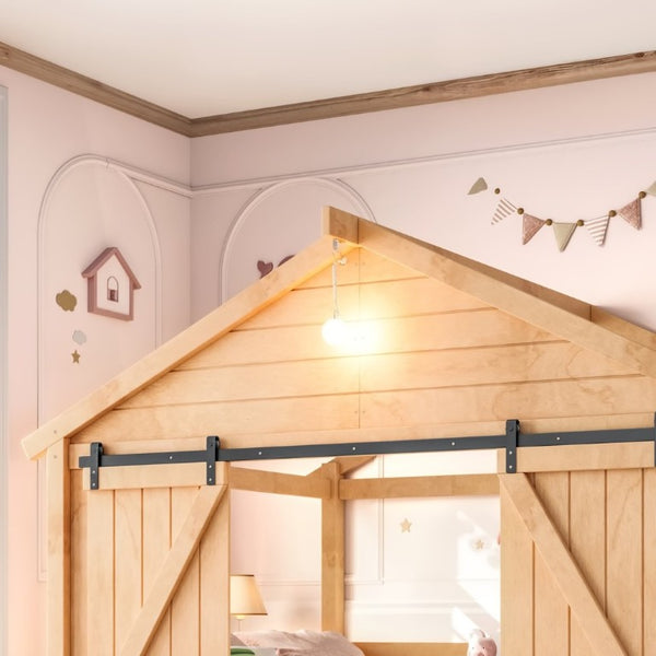 English Elm Full Size Kids Pine Wood House Bed with Barn Door Storage Drawers and Staircase Light Natural W5316S00088