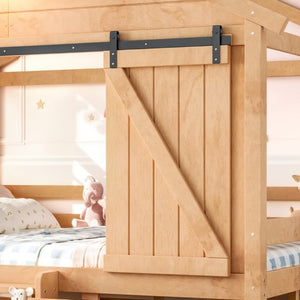 English Elm Full Size Kids Pine Wood House Bed with Barn Door Storage Drawers and Staircase Light Natural W5316S00088