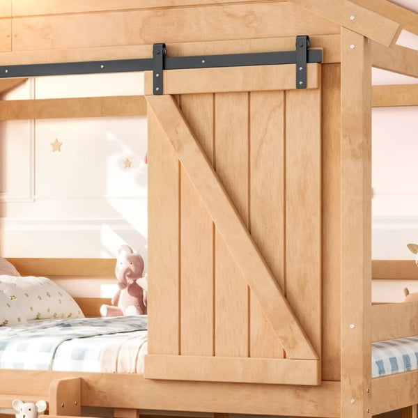 English Elm Full Size Kids Pine Wood House Bed with Barn Door Storage Drawers and Staircase Light Natural W5316S00088