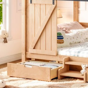 English Elm Full Size Kids Pine Wood House Bed with Barn Door Storage Drawers and Staircase Light Natural W5316S00088