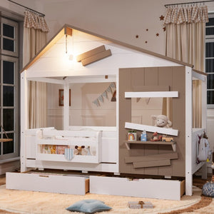 English Elm Twin Playhouse Bed Pine Wood Cottage Frame with Storage Drawers and Window Shelf White W5316S00089