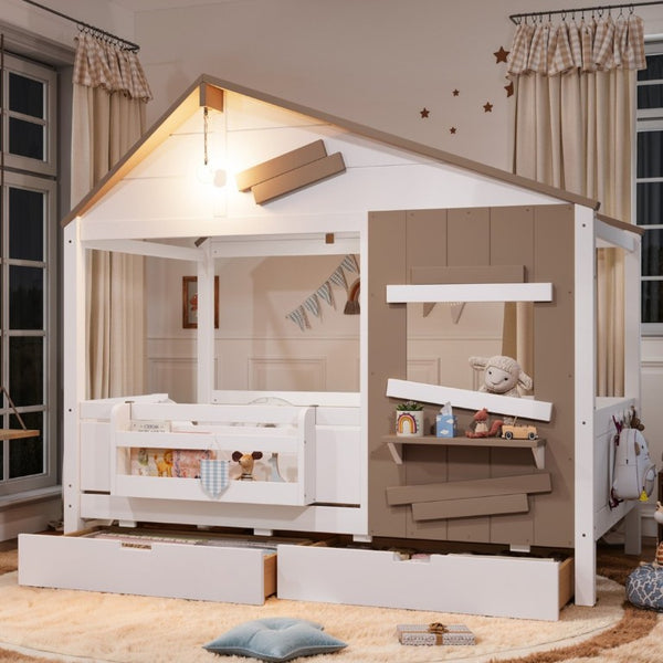 English Elm Twin Playhouse Bed Pine Wood Cottage Frame with Storage Drawers and Window Shelf White W5316S00089