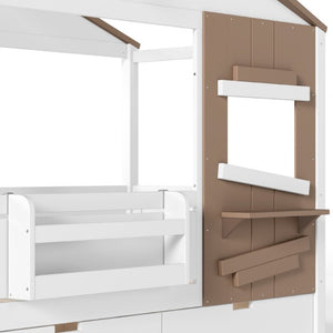 English Elm Twin Playhouse Bed Pine Wood Cottage Frame with Storage Drawers and Window Shelf White W5316S00089
