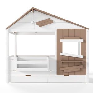 English Elm Twin Playhouse Bed Pine Wood Cottage Frame with Storage Drawers and Window Shelf White W5316S00089