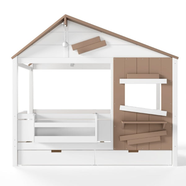 English Elm Twin Playhouse Bed Pine Wood Cottage Frame with Storage Drawers and Window Shelf White W5316S00089