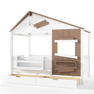 English Elm Twin Playhouse Bed Pine Wood Cottage Frame with Storage Drawers and Window Shelf White W5316S00089