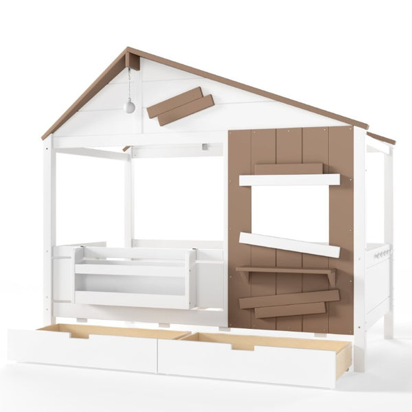 English Elm Twin Playhouse Bed Pine Wood Cottage Frame with Storage Drawers and Window Shelf White W5316S00089