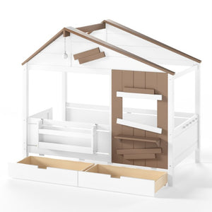 English Elm Twin Playhouse Bed Pine Wood Cottage Frame with Storage Drawers and Window Shelf White W5316S00089