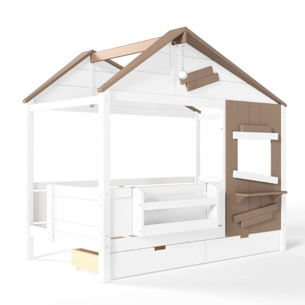 English Elm Twin Playhouse Bed Pine Wood Cottage Frame with Storage Drawers and Window Shelf White W5316S00089