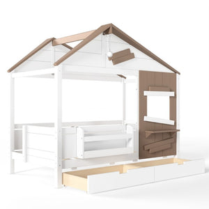 English Elm Twin Playhouse Bed Pine Wood Cottage Frame with Storage Drawers and Window Shelf White W5316S00089