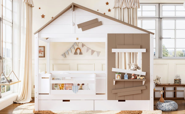 English Elm Twin Playhouse Bed Pine Wood Cottage Frame with Storage Drawers and Window Shelf White W5316S00089