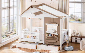 English Elm Twin Playhouse Bed Pine Wood Cottage Frame with Storage Drawers and Window Shelf White W5316S00089