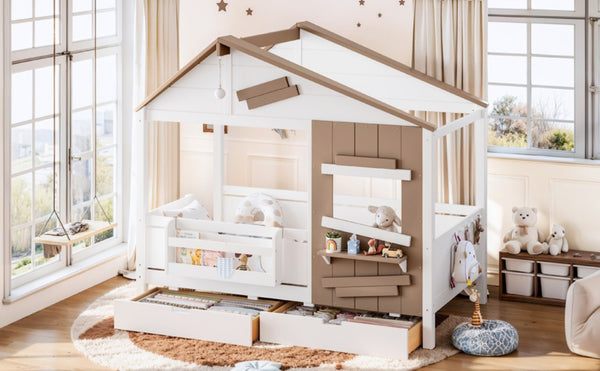 English Elm Twin Playhouse Bed Pine Wood Cottage Frame with Storage Drawers and Window Shelf White W5316S00089