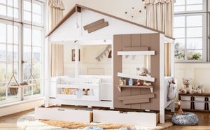 English Elm Twin Playhouse Bed Pine Wood Cottage Frame with Storage Drawers and Window Shelf White W5316S00089
