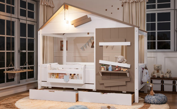 English Elm Twin Playhouse Bed Pine Wood Cottage Frame with Storage Drawers and Window Shelf White W5316S00089