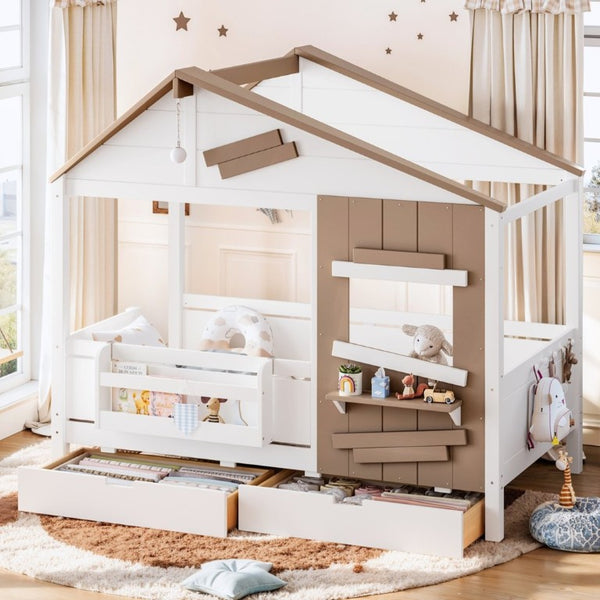 English Elm Twin Playhouse Bed Pine Wood Cottage Frame with Storage Drawers and Window Shelf White W5316S00089