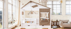 English Elm Twin Playhouse Bed Pine Wood Cottage Frame with Storage Drawers and Window Shelf White W5316S00089