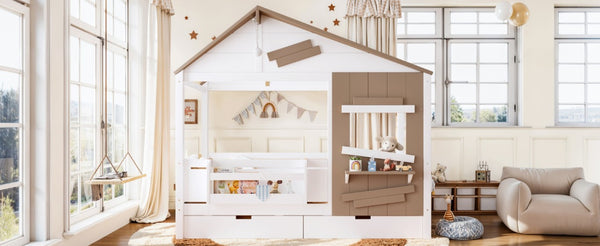 English Elm Twin Playhouse Bed Pine Wood Cottage Frame with Storage Drawers and Window Shelf White W5316S00089