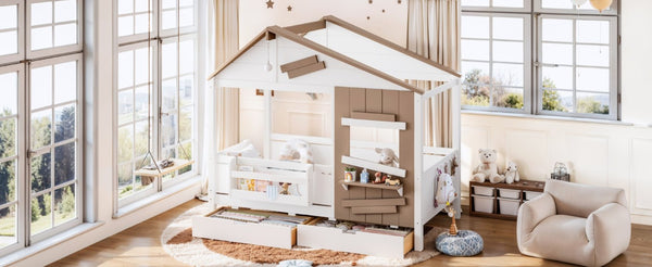 English Elm Twin Playhouse Bed Pine Wood Cottage Frame with Storage Drawers and Window Shelf White W5316S00089