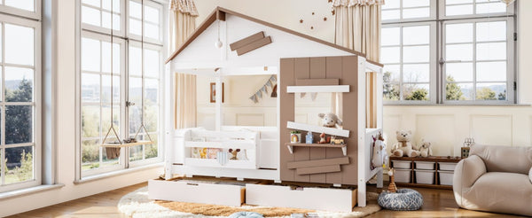 English Elm Twin Playhouse Bed Pine Wood Cottage Frame with Storage Drawers and Window Shelf White W5316S00089