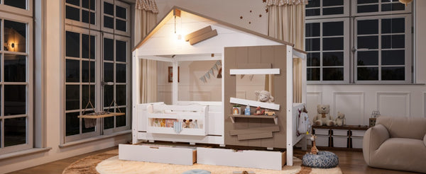 English Elm Twin Playhouse Bed Pine Wood Cottage Frame with Storage Drawers and Window Shelf White W5316S00089