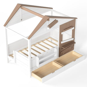 English Elm Twin Playhouse Bed Pine Wood Cottage Frame with Storage Drawers and Window Shelf White W5316S00089