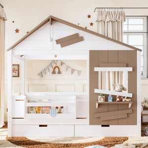 English Elm Twin Playhouse Bed Pine Wood Cottage Frame with Storage Drawers and Window Shelf White W5316S00089