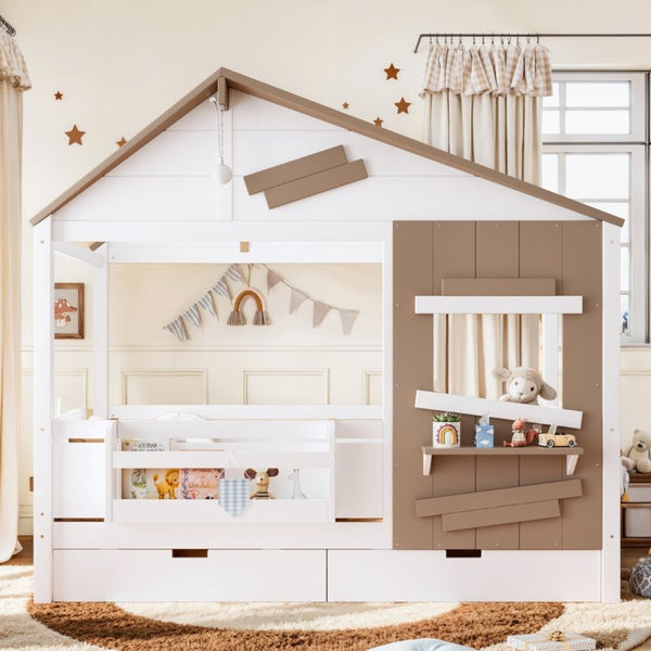 English Elm Twin Playhouse Bed Pine Wood Cottage Frame with Storage Drawers and Window Shelf White W5316S00089