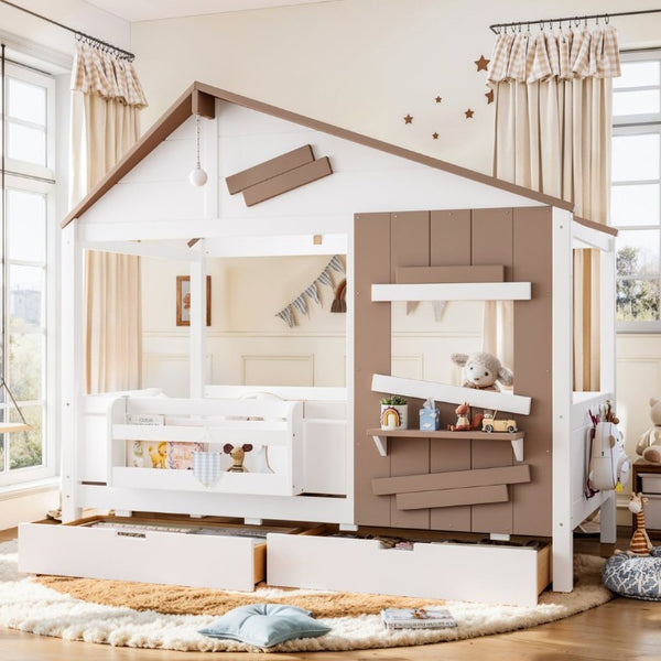 English Elm Twin Playhouse Bed Pine Wood Cottage Frame with Storage Drawers and Window Shelf White W5316S00089
