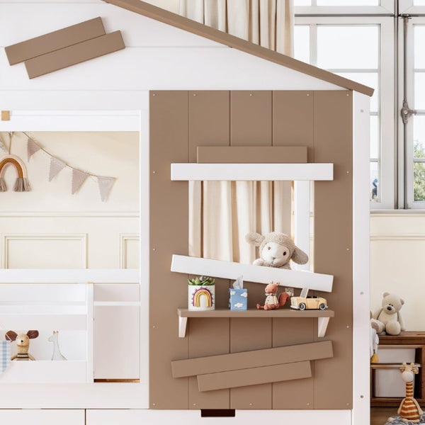 English Elm Twin Playhouse Bed Pine Wood Cottage Frame with Storage Drawers and Window Shelf White W5316S00089