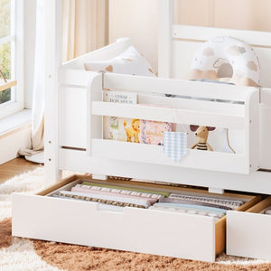 English Elm Twin Playhouse Bed Pine Wood Cottage Frame with Storage Drawers and Window Shelf White W5316S00089