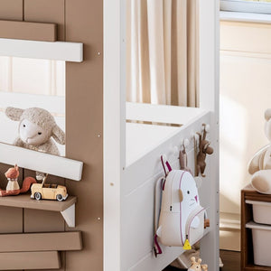 English Elm Twin Playhouse Bed Pine Wood Cottage Frame with Storage Drawers and Window Shelf White W5316S00089