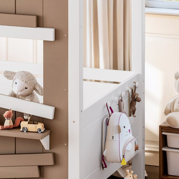 English Elm Twin Playhouse Bed Pine Wood Cottage Frame with Storage Drawers and Window Shelf White W5316S00089