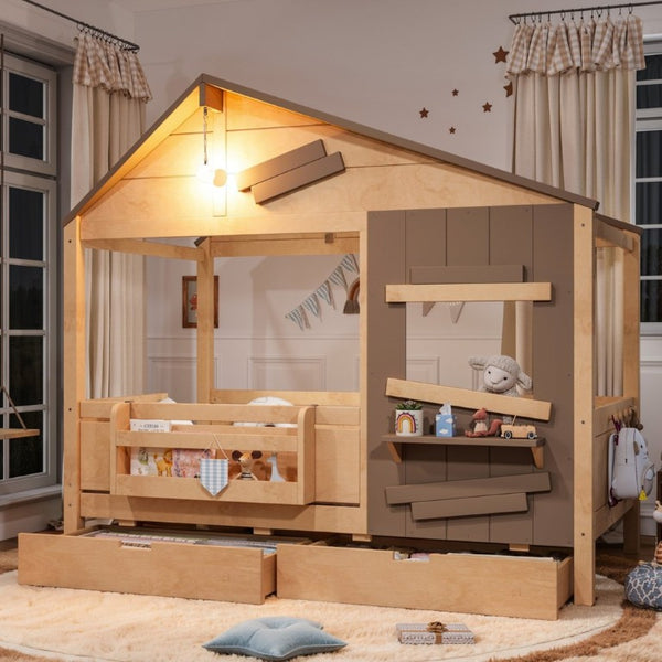 English Elm Twin Playhouse Bed Pine Wood Cottage Frame with Storage Drawers and Window Shelf Light Natural W5316S00090
