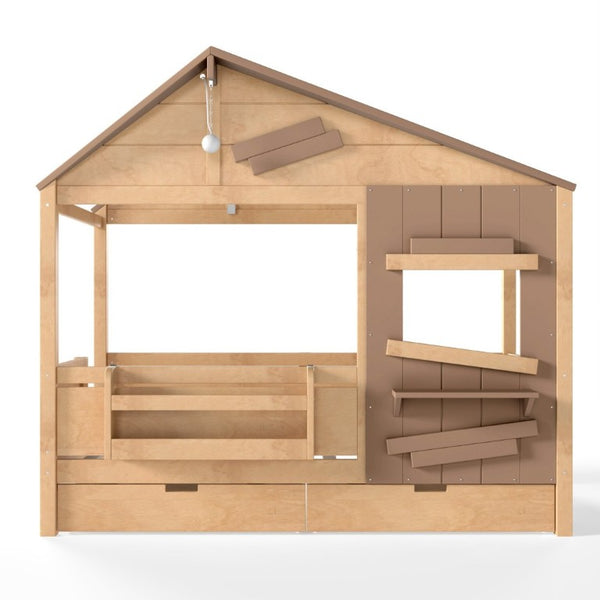 English Elm Twin Playhouse Bed Pine Wood Cottage Frame with Storage Drawers and Window Shelf Light Natural W5316S00090