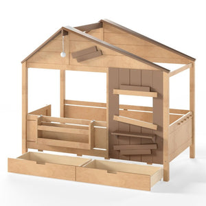 English Elm Twin Playhouse Bed Pine Wood Cottage Frame with Storage Drawers and Window Shelf Light Natural W5316S00090