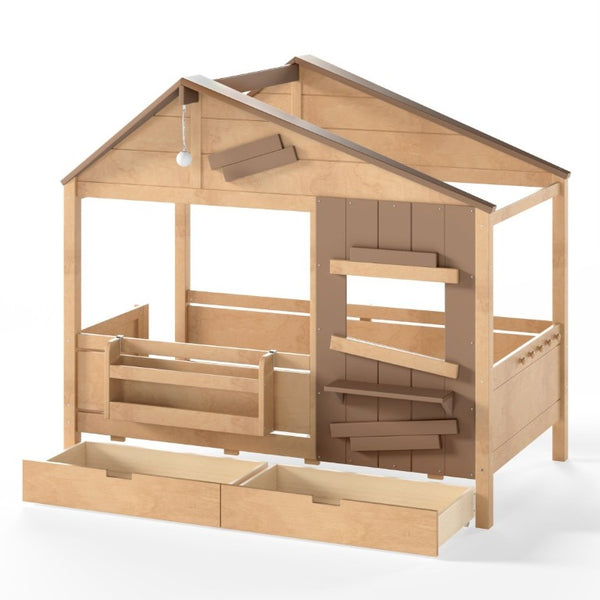 English Elm Twin Playhouse Bed Pine Wood Cottage Frame with Storage Drawers and Window Shelf Light Natural W5316S00090
