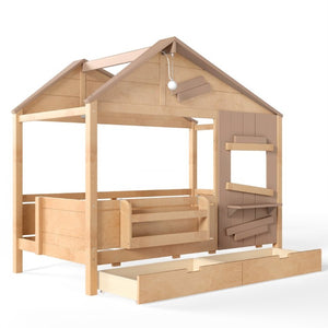 English Elm Twin Playhouse Bed Pine Wood Cottage Frame with Storage Drawers and Window Shelf Light Natural W5316S00090