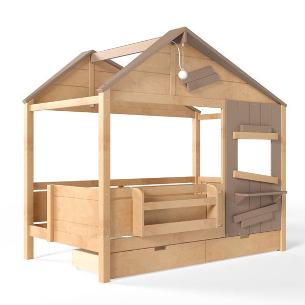English Elm Twin Playhouse Bed Pine Wood Cottage Frame with Storage Drawers and Window Shelf Light Natural W5316S00090