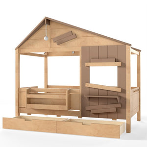 English Elm Twin Playhouse Bed Pine Wood Cottage Frame with Storage Drawers and Window Shelf Light Natural W5316S00090