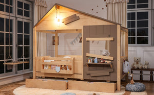 English Elm Twin Playhouse Bed Pine Wood Cottage Frame with Storage Drawers and Window Shelf Light Natural W5316S00090