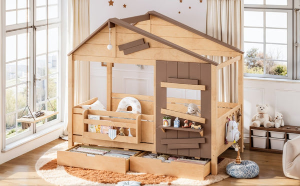 English Elm Twin Playhouse Bed Pine Wood Cottage Frame with Storage Drawers and Window Shelf Light Natural W5316S00090