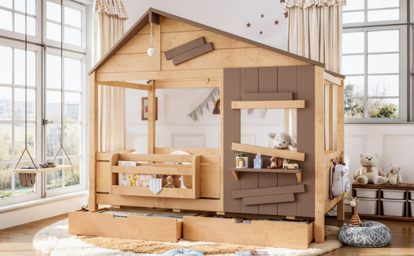 English Elm Twin Playhouse Bed Pine Wood Cottage Frame with Storage Drawers and Window Shelf Light Natural W5316S00090