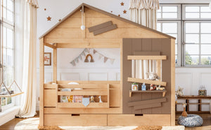 English Elm Twin Playhouse Bed Pine Wood Cottage Frame with Storage Drawers and Window Shelf Light Natural W5316S00090
