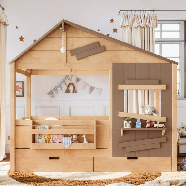 English Elm Twin Playhouse Bed Pine Wood Cottage Frame with Storage Drawers and Window Shelf Light Natural W5316S00090