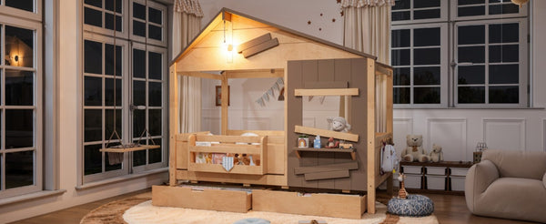 English Elm Twin Playhouse Bed Pine Wood Cottage Frame with Storage Drawers and Window Shelf Light Natural W5316S00090