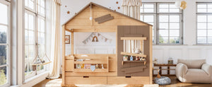 English Elm Twin Playhouse Bed Pine Wood Cottage Frame with Storage Drawers and Window Shelf Light Natural W5316S00090